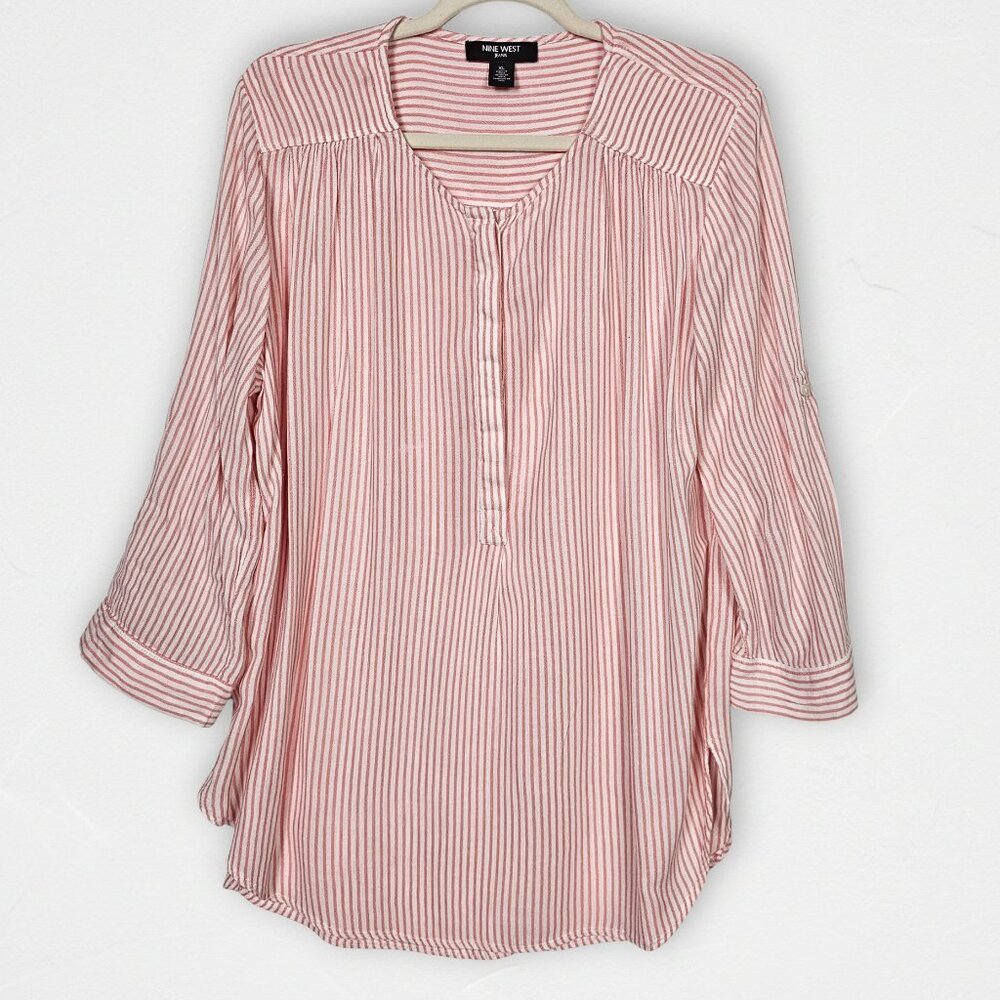Nine West Jeans Pink White Striped Tunic Blouse Roll Tab Sleeve Xl